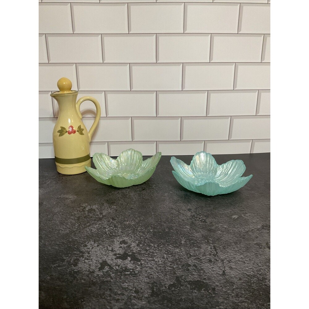 Akcam Iridescent Frosted Flower Shape Art Glass Bowl Handmade In Turkey Set of 2